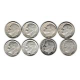 Eight US Silver Roosevelt Dimes