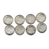 Eight US Silver Roosevelt Dimes