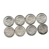 Eight US Silver Roosevelt Dimes