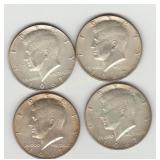 Four US 1967 40% Silver Kennedy Half Dollar Coins