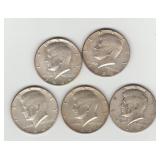 Five US 1966 40% Silver Kennedy Half Dollar Coins