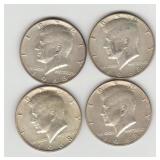 Four US 1967 40% Silver Kennedy Half Dollar Coins