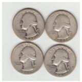 Four US 1940's Silver Washington Quarters