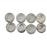 Eight US Silver Roosevelt Dimes