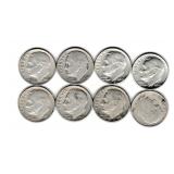 Eight US Silver Roosevelt Dimes