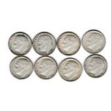 Eight US Silver Roosevelt Dimes