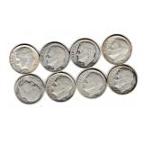 Eight US Silver Roosevelt Dimes