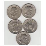 Five US Susan B Anthony One Dollar Coins