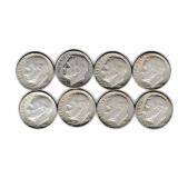 Eight US Silver Roosevelt Dimes