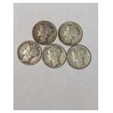Five US Silver Mercury Dimes