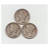 Three US Silver Mercury Dimes