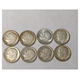 Eight US Silver Roosevelt Dimes