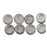 Eight US Silver Roosevelt Dimes