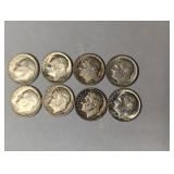 Eight US Silver Roosevelt Dimes