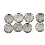 Eight US Silver Roosevelt Dimes