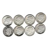 Eight US Silver Roosevelt Dimes