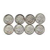 Eight US Silver Roosevelt Dimes
