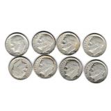 Eight US Silver Roosevelt Dimes