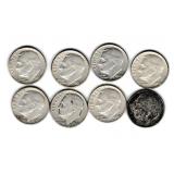 Eight US Silver Roosevelt Dimes