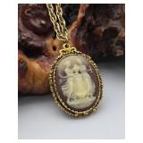 Carved Cameo Pendant / Compact on Chain -Costume