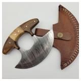 DAMASCUS STEEL ULU KNIFE WOOD HANDLED & SHEATH