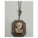 10K White Gold & Diamond on Carved Cameo Pendant