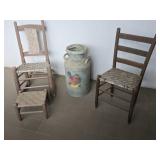 Antique Caned Chairs & Stool w/ Cream Can