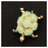 14K Gold & Jade Stone Turtle Brooch / Pendant 1