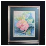 Hibiscus Water Color Framed Art Unsigned 33.5 x