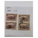 4- 1893 US 2 CENT POSTAGE STAMPS