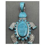 Sterling & Turquoise Signed CJ 5" Turtle Pendant