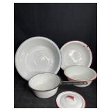 ENAMELWARE PANS, POT & LID RED & BLACK RIMED