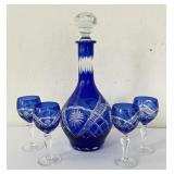 Cobalt Blue Bohemian Crystal Decanter & 4 Stems