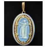 10K Gold Wedgwood Pendant Seed Pearls Blue