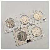 5 Silver Franklin Half Dollars