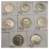 8 Silver 1964 Kennedy Half Dollars