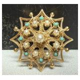14K Gold Persian Turquoise Pearl Brooch Pendant