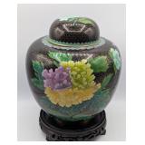 CLOISONNE LARGE BLACK FLORAL GINGER JAR ON WOOD
