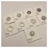 9 Silver Mercury Dimes