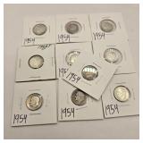 10 Silver 1954 Roosevelt Dimes