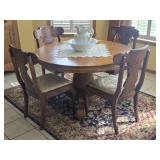 Antique Oak Round Dining Table w/ Chairs & 5 Leafs