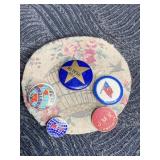 VINTAGE PIN CUSHION W/ 5 SMALL PIN BACK BUTTONS