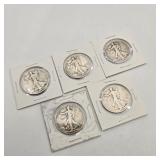 5 Walking Liberty Silver Half Dollars