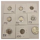 8 Silver Mercury Dimes w/ Franklin Half Dollar