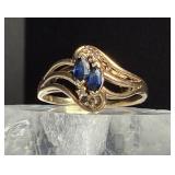 10k Gold Two Sapphire & Tiny Diamonds Ring