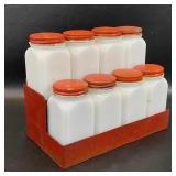 Vintage Milk Glass Spice Jars w/ Red Metal Tops &