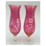 2 CRANBERRY ETCHED ROSE VASES 10 IN.
