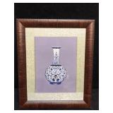 EMBROIDERED ORIENTAL VASE FRAMED UNDER GLASS