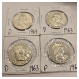Four Silver Franklin Half Dollars
