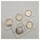5 Walking Liberty Silver Half Dollars